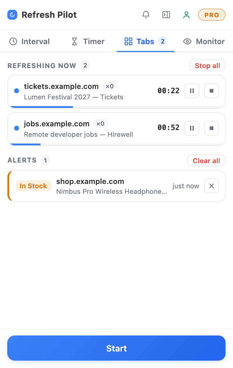 Auto refresh for multiple Chrome tabs: the RefreshPilot Tabs view with two tabs refreshing and an “In Stock” alert