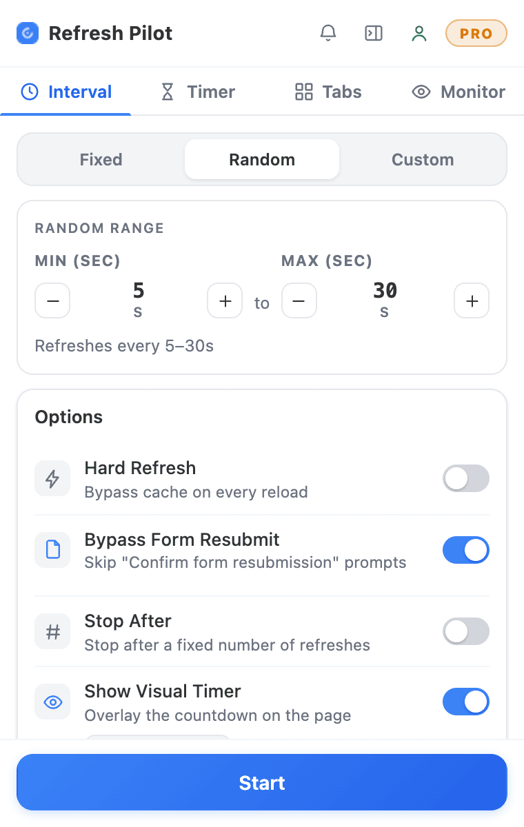 Auto refresh settings in the RefreshPilot Chrome extension: random interval of 5–30 seconds, hard refresh and bypass form resubmission