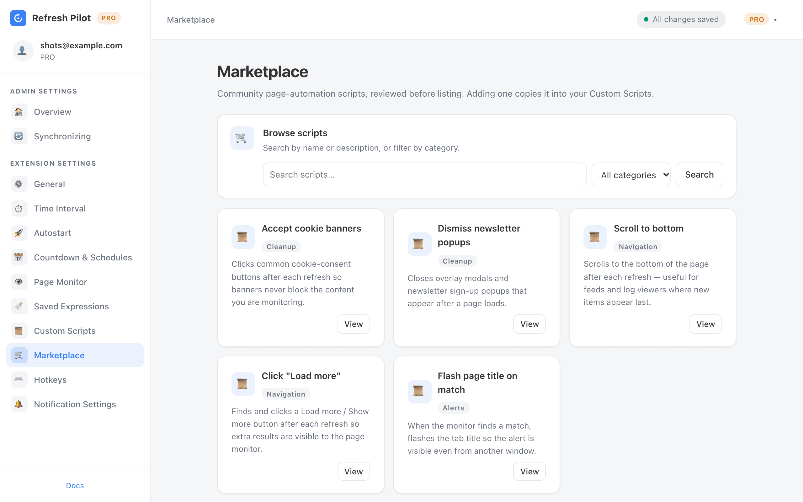 RefreshPilot Script Marketplace with ready-made auto refresh scripts: accept cookie banners, dismiss newsletter popups, scroll to bottom and click “Load more”
