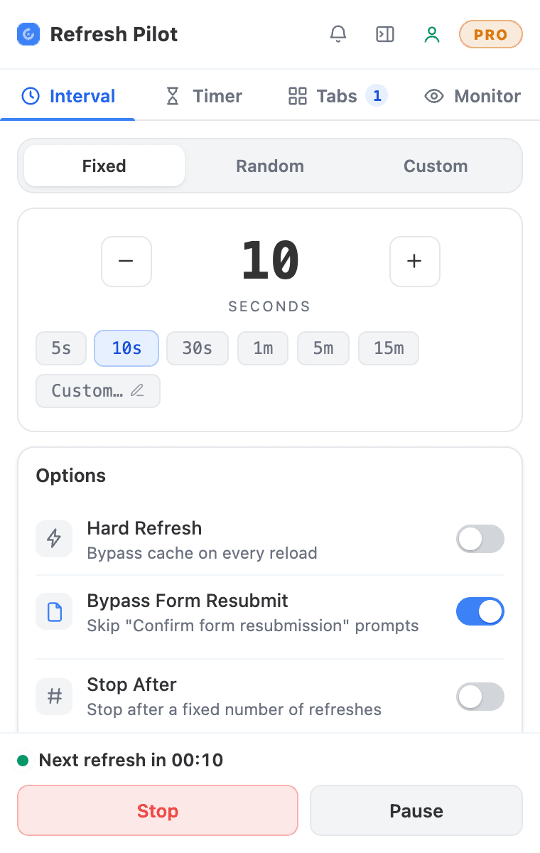 Auto refresh running in Chrome: RefreshPilot shows the next refresh in 10 seconds