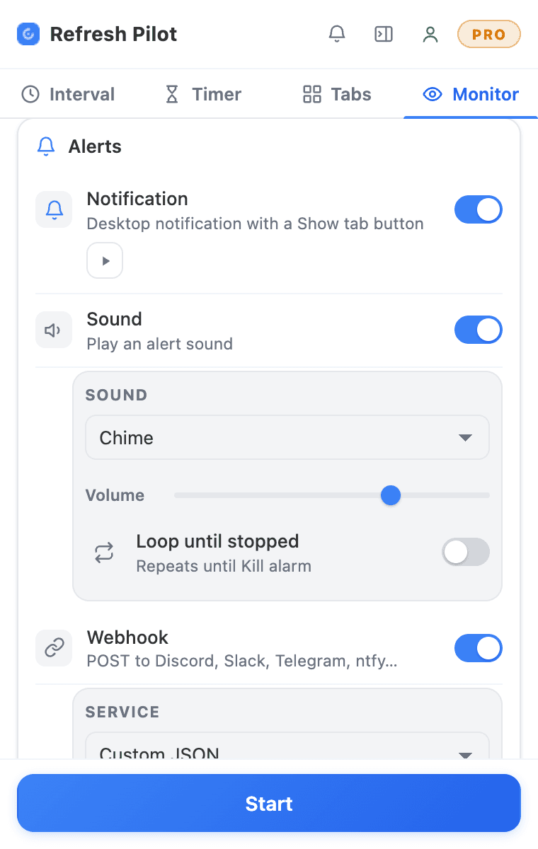 RefreshPilot alert settings for webpage monitoring: desktop notification, sound alert and webhook switched on